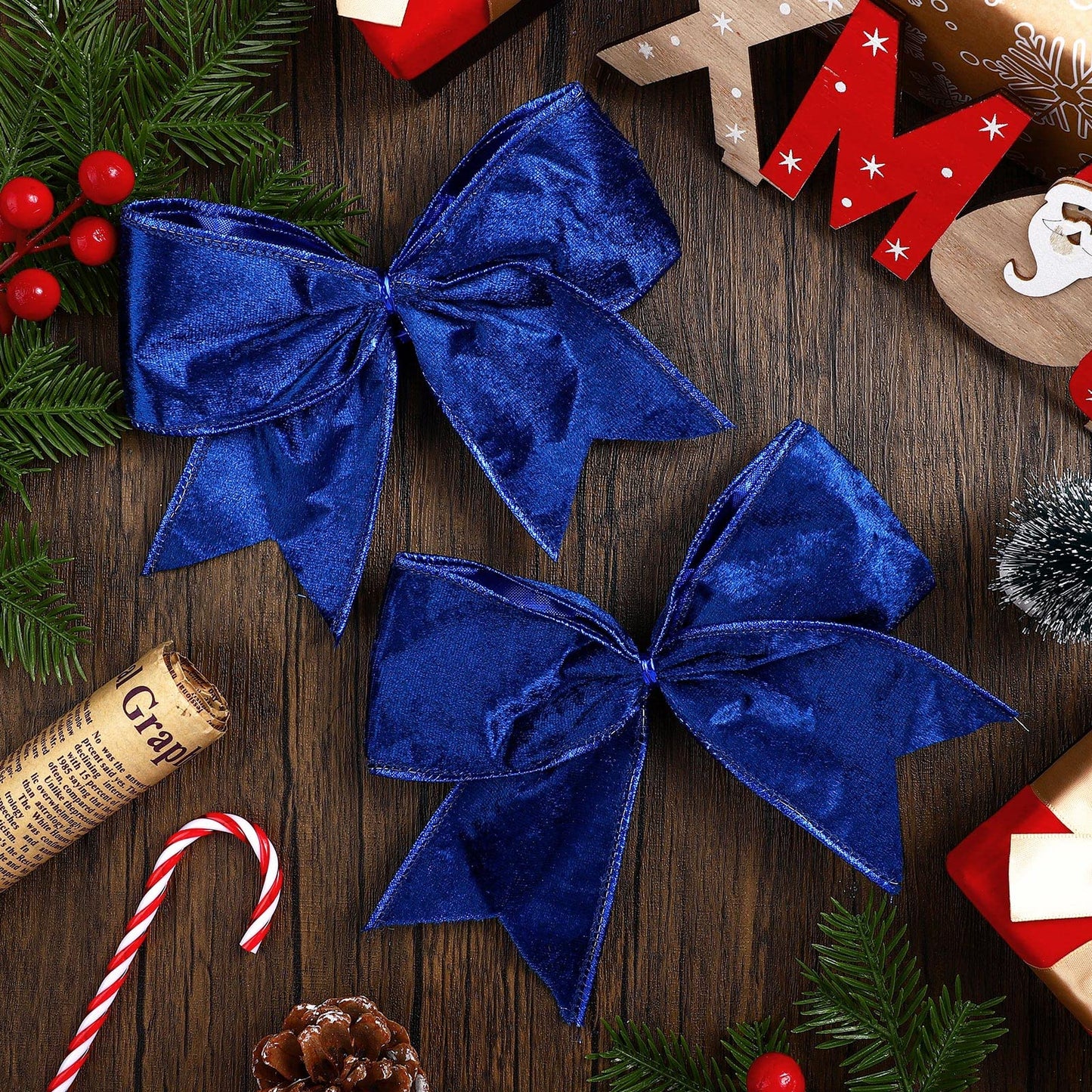 Panelee 12 Pcs Blue Velvet Winter Bows 6 x 6 in Wreath Bow Christmas Holiday Tree Decorations Ornaments for Hanukkah Xmas Tree Topper Wreath Garland Party Gift Wrapping DIY Decor