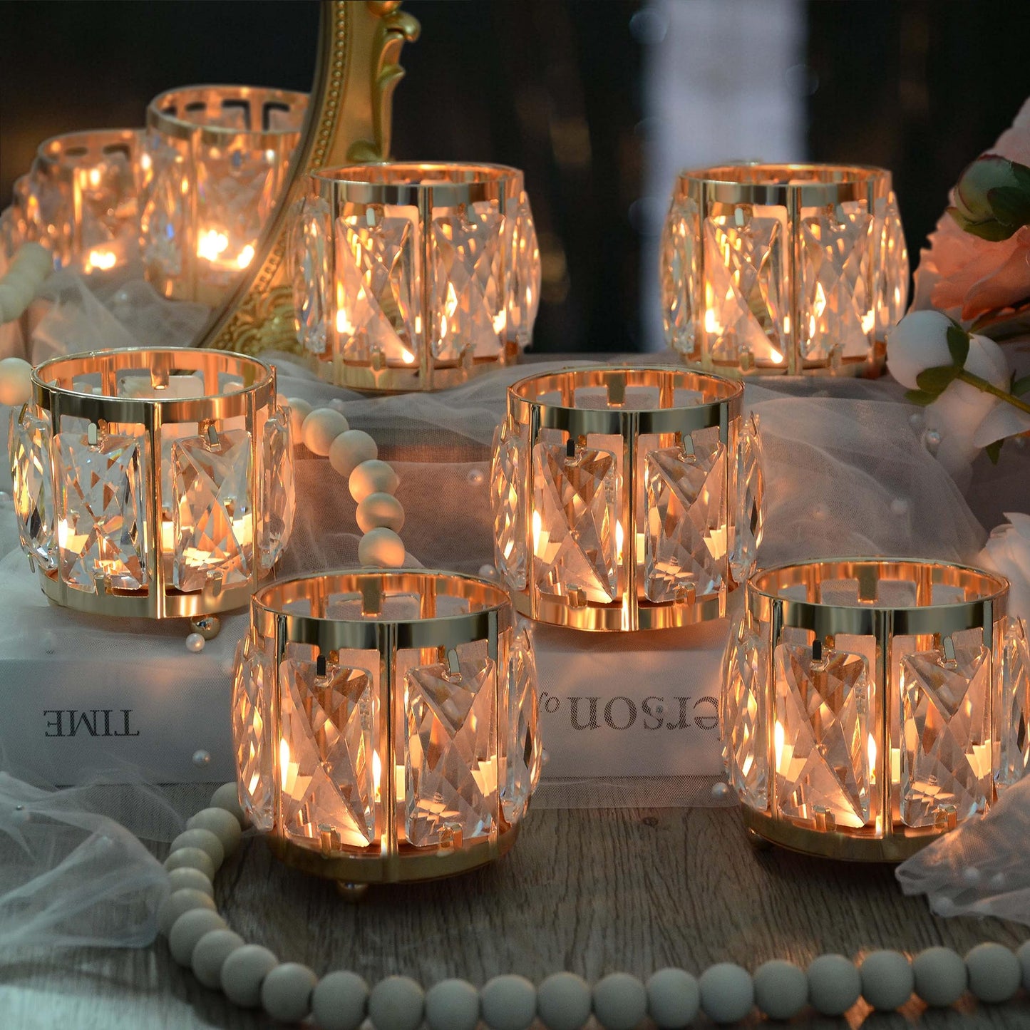 Kolnlala 6pcs Tabletop Tealight Crystal Candle holders3.5''x3.5'' Class Votive Holder Home Decoration,Table centerpieces/Wedding Decor,Gorgeous Gift,Tabletop/Centerpiece Votive Holder (French Gold)