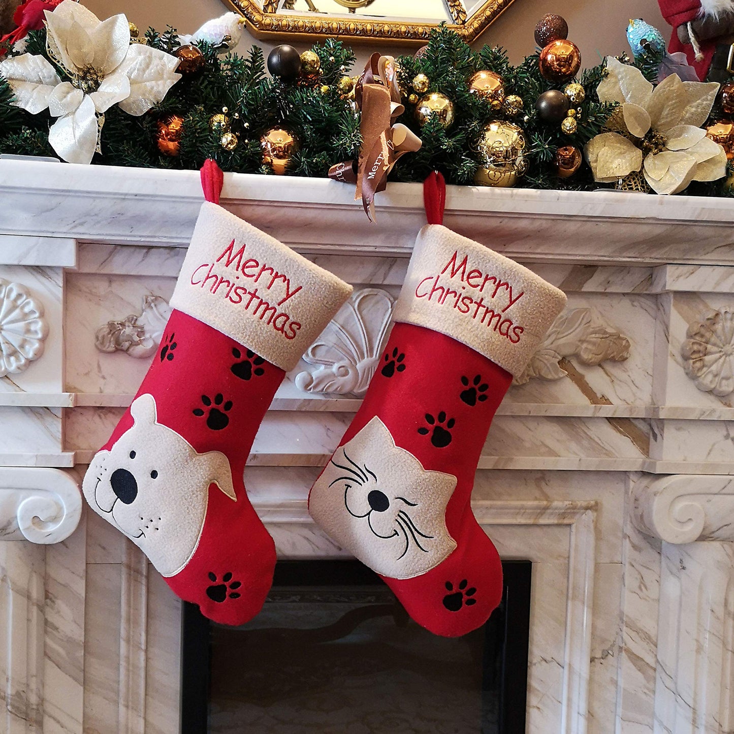 WEWILL 18’’ Cat Felt Christmas Stockings Paws Embroidered for Pets Kitty Red Xmas Stocking Gift Bag Cuff Lovely Home Holiday Decoration