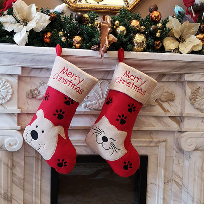 WEWILL 18’’ Cat Felt Christmas Stockings Paws Embroidered for Pets Kitty Red Xmas Stocking Gift Bag Cuff Lovely Home Holiday Decoration