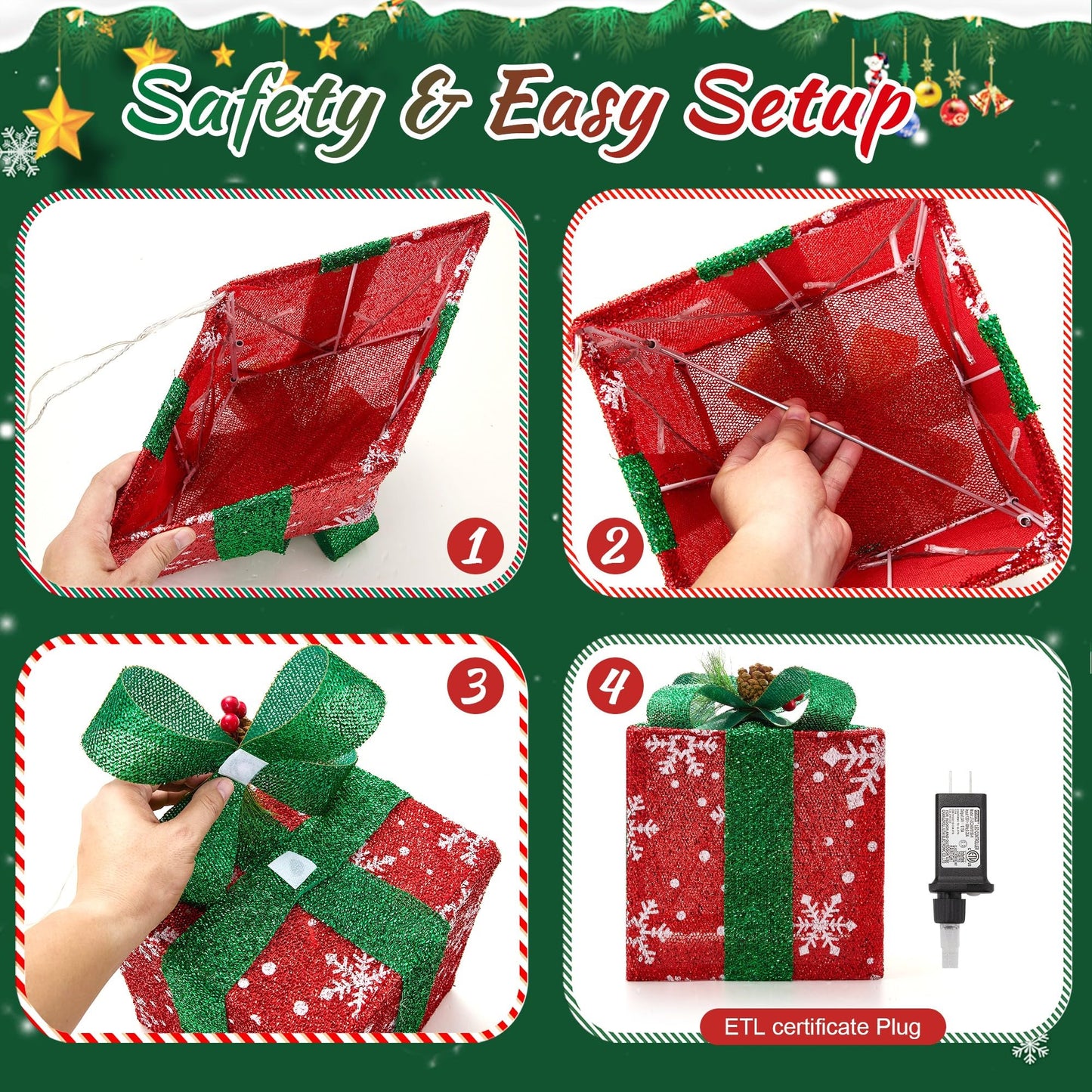 Set of 4 Christmas Lighted Gift Boxes with Plug, Pre-lit LED Light Up Present Boxes for Xmas Tree Porch Decor, Christmas Decorations Indoor Outdoor