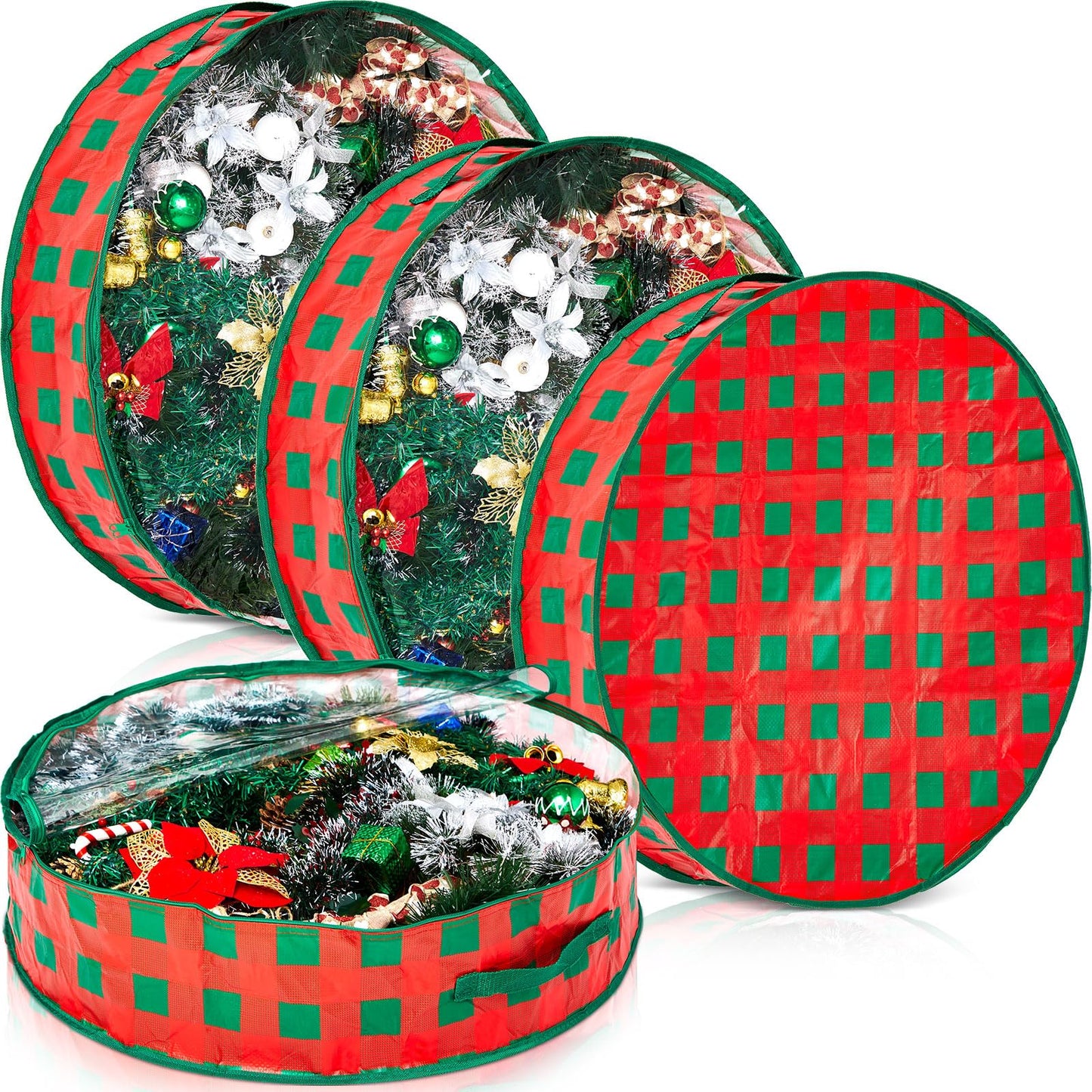 Aliceset 4 Pack Wreath Storage Containers, Ornament Garland Wreath Storage Bags with Handle Zipper Decorative Storages Box for Christmas in July Wreaths(24 x 24 x 7.8 Inch,Red Green Plaid)