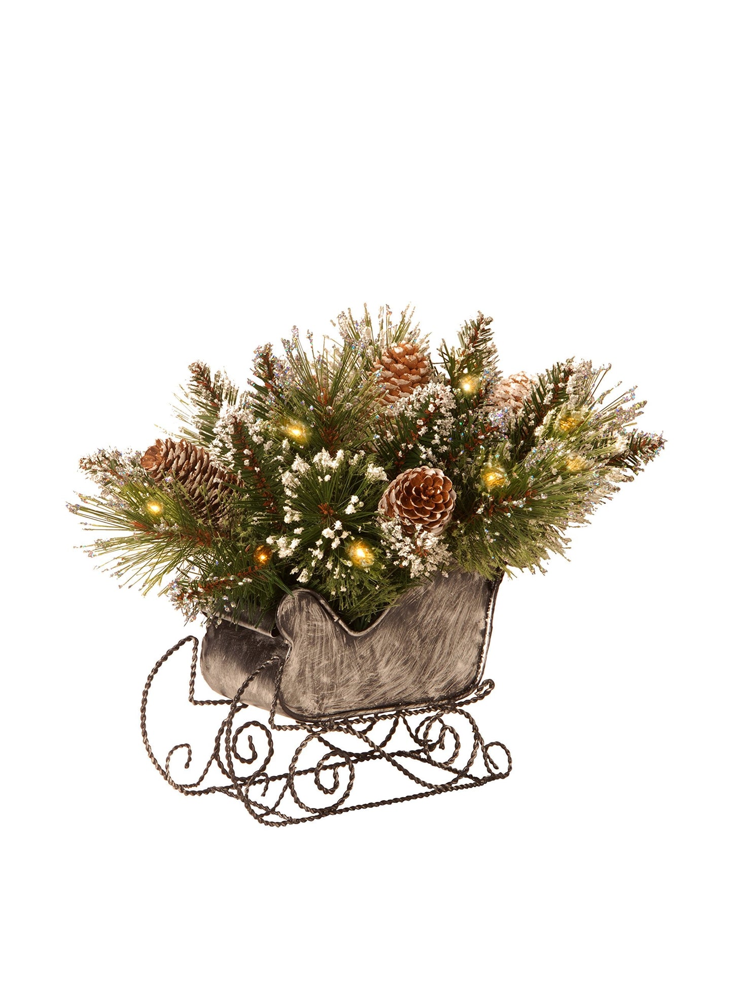 National Tree 10 Inch Glittery Bristle Pine Sleigh with White Cones and 15 Battery Operated Warm White LED Lights (GB3-300-10-B)
