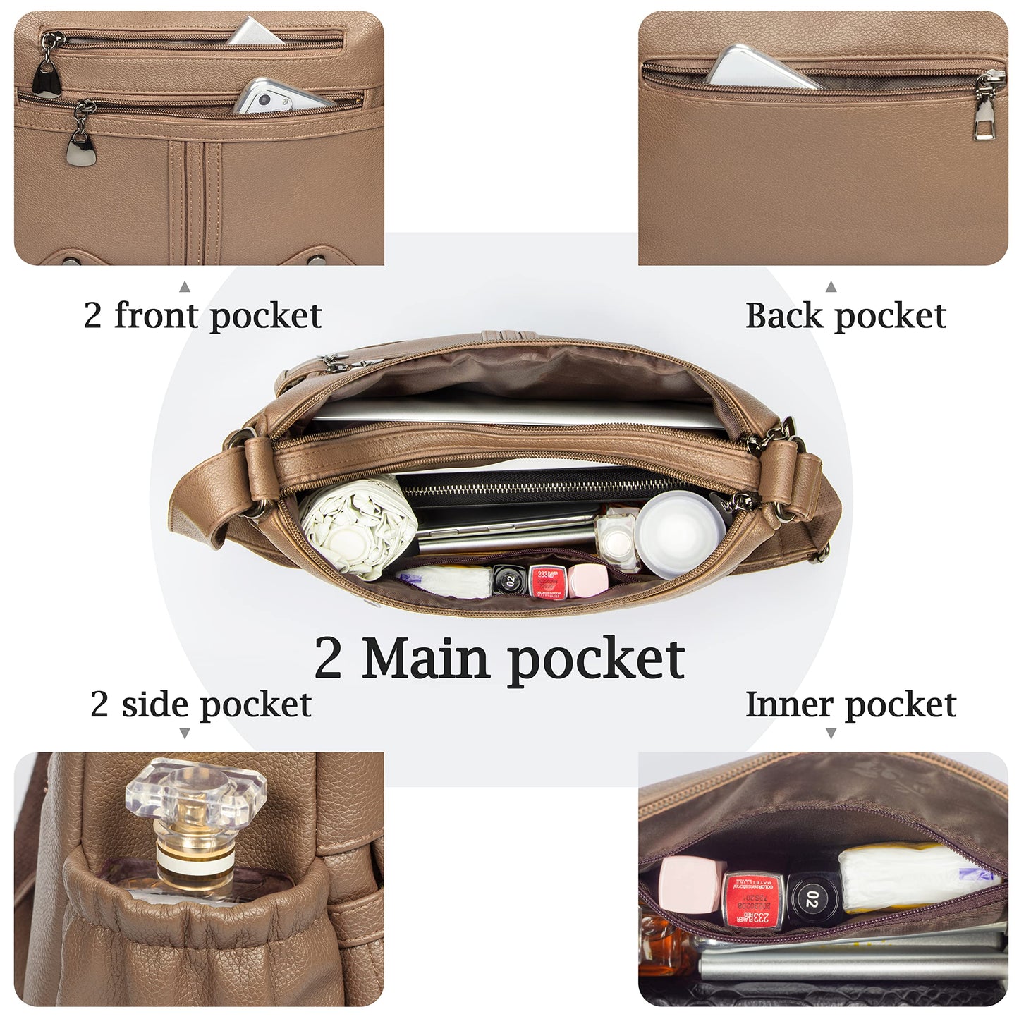 Women Soft PU Leather Shoulder Handbag Multi Pocket Crossbody Bag Ladies Medium Roomy Purses Fashion Tote Top Handle Satchel
