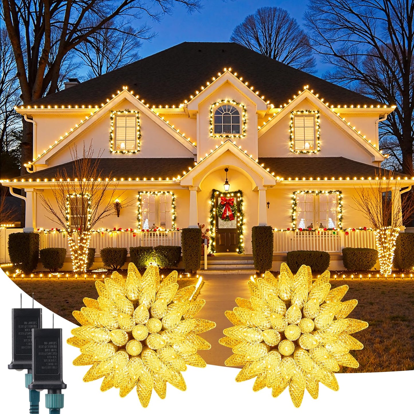 C9 Christmas Lights Outdoor, 72 FT 110 LED C9 String Lights, 8 Modes & Timer Connectable Waterproof for Christmas Tree light Indoor Outdoor Roofline Patio Outside Yard Xmas Decor, Warm White 2 Pack