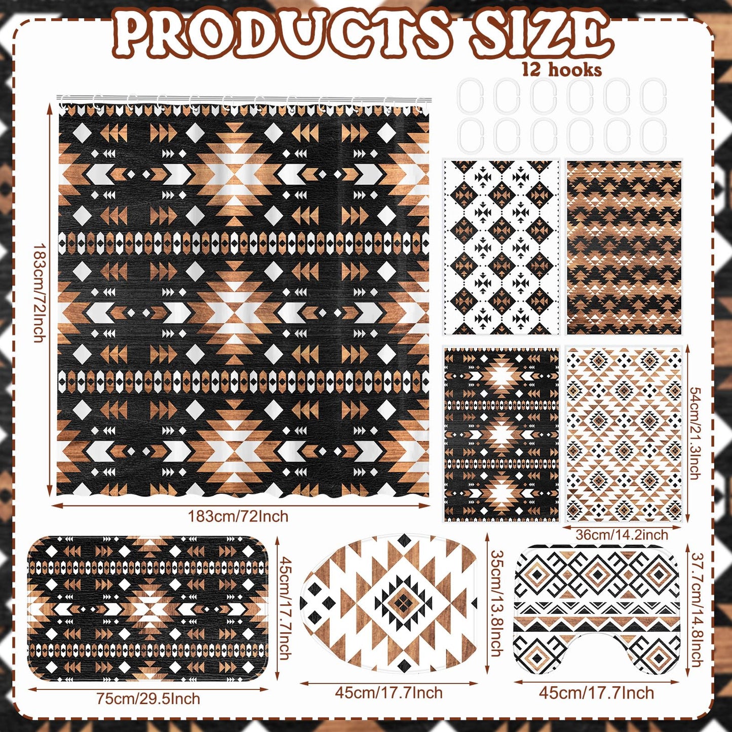 FuWeave 8 Pcs Western Aztec Shower Curtain Set, Southwestern Boho Geometric Bathroom Decor with Waterproof Curtain, Non Slip Rugs, Toilet Lid Cover, Bath Mat & 12 Hooks, Abstract Pattern for Bathroom