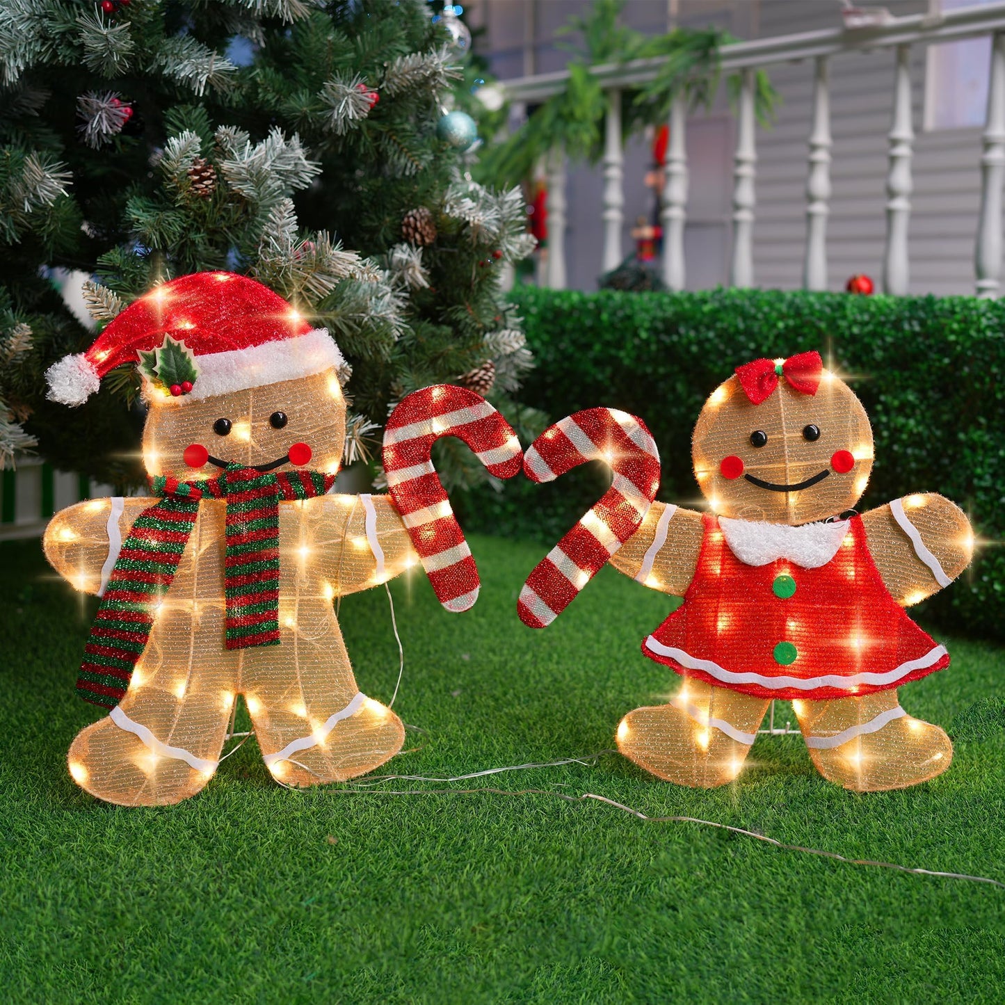 TW SHINE Christmas Outdoor Decorations Yard, Set of 2 Lighted 2D Gingerbread Man with 90 Warm White Lights, Light Up Gingerbread Man Couple for Xmas Holiday Front Garden Patio Lawn Display