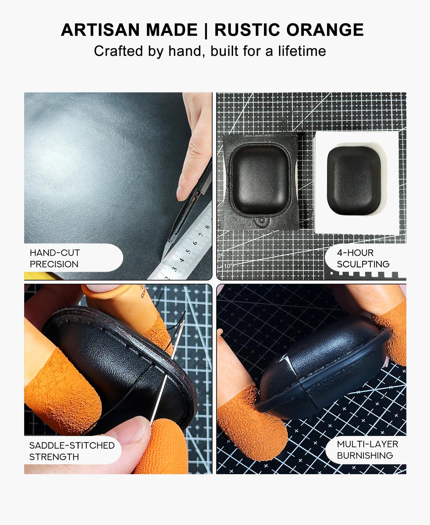 JusBumio Hand-Stitched Full Grain Vegetable Tanned Leather Case Compatible with AirPods Pro 3 (2025 Release), All-Leather Construction, MagSafe Ready, Unique Patina (Midnight Black)