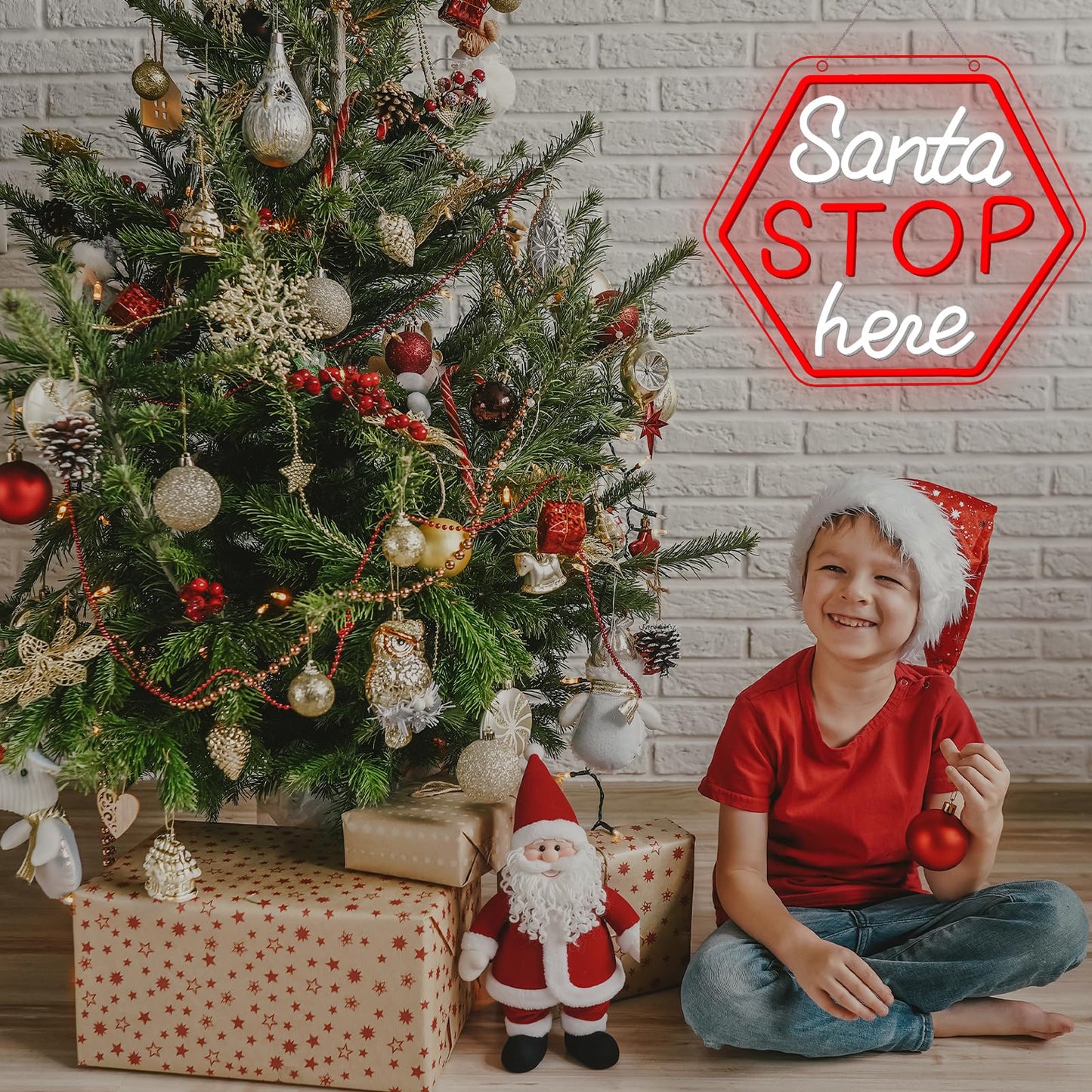 Santa Stop Here Neon Sign for Window Decor USB Powered Xmas Neon Wall Sign Festive Display Holiday Party Santa Stop Led Light for Back Drop Home Display