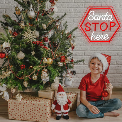 Santa Stop Here Neon Sign for Window Decor USB Powered Xmas Neon Wall Sign Festive Display Holiday Party Santa Stop Led Light for Back Drop Home Display