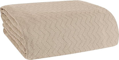 BELIZZI Home 100% Cotton Bed Blanket, Breathable Thermal Blanket Twin Size, Soft Chevron Thermal Blanket 60"x90", Cotton Bed Blanket, Perfect for Layering Any Bed for All Season, Beige