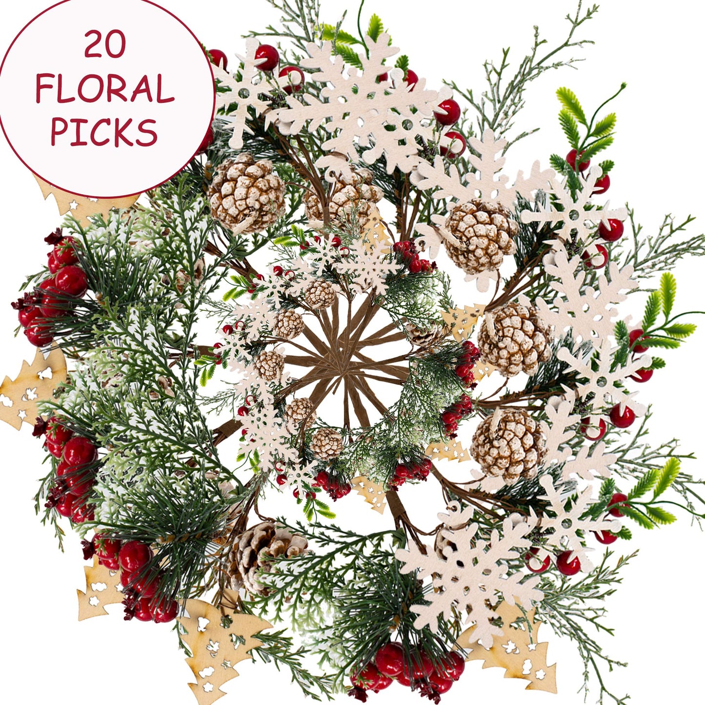 Christmas Floral Picks Set of 20, Snow Tip Pinecone Red Berry Sprays, 10 Inch Holiday Greenery Stems for Wreaths, Garlands, Christmas Tree Decor, Flower Arrangements, DIY Winter Crafts, 2 Styles