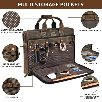 LEATHER VILLAGE 18" Leather Laptop Messenger Briefcase Bag for Men-Leather Satchel for Travel and Office Shoulder Bag-Rustic Brown