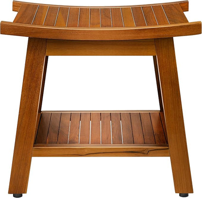 TEAKMAMA 21 Inch Teak Shower Bench with Storage Shelf and Handles, Teak Wood Shower Stool Waterproof Bath Chair for Indoor and Outdoor Use, Bathroom Stools for Adults Sitting