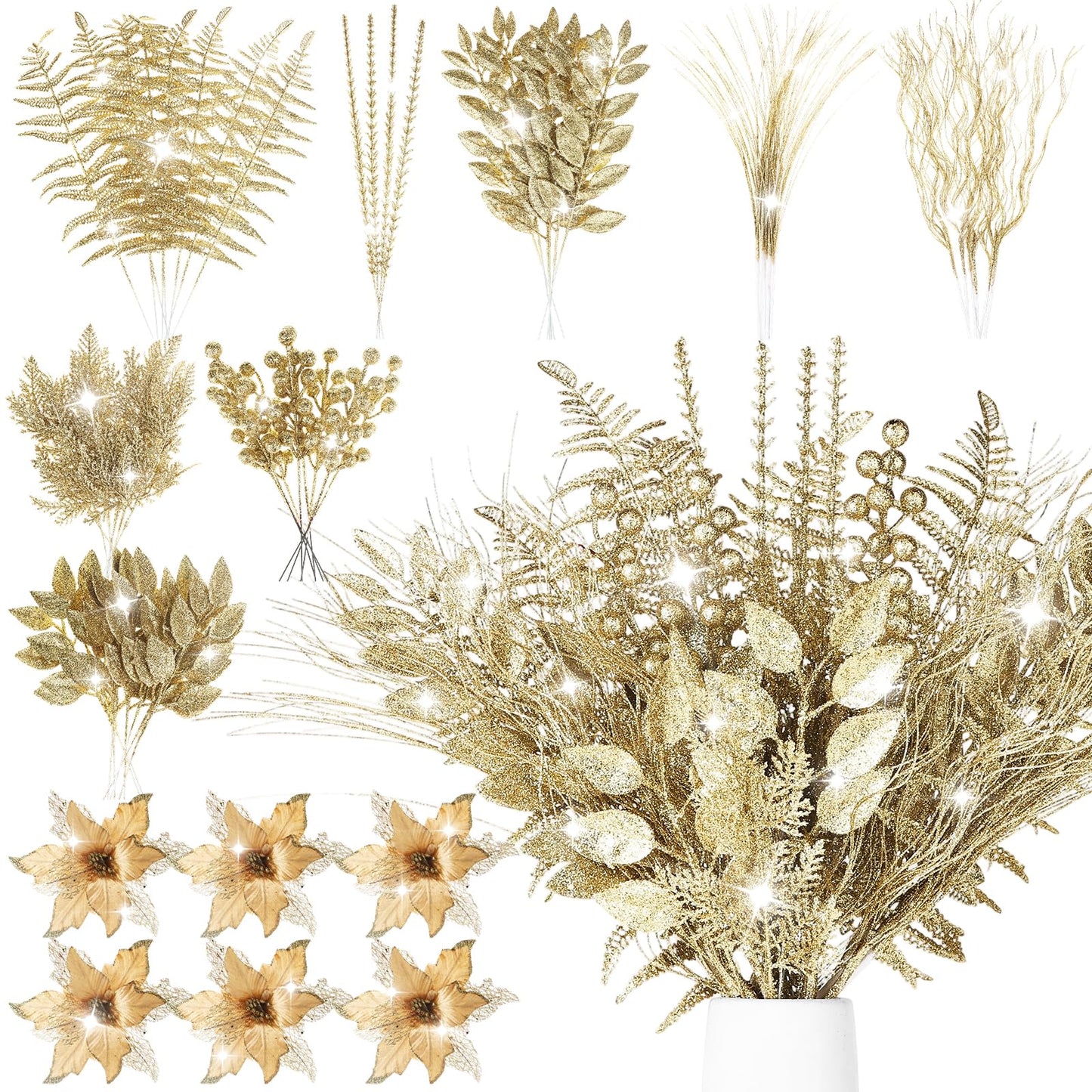 60 Pcs Christmas Tree Decorations Champagne Christmas Picks and Sprays 9 Style Xmas Ornaments of Glitter Poinsettia Flowers Artificial Branches Fern Berry Stems for Vase Fillers Wreath Holiday Party
