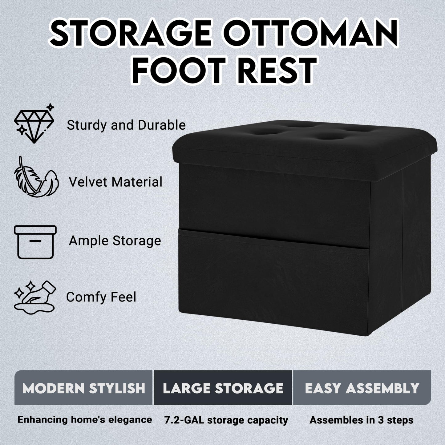 Zoes Homeware Small Storage Ottoman Foot Rest, Velvet Ottoman with Storage and Side Pocket, Black Foot Rest for Couch, Foldable Footstool for Chair, Living Room&Dorm, 16"x12"x12"