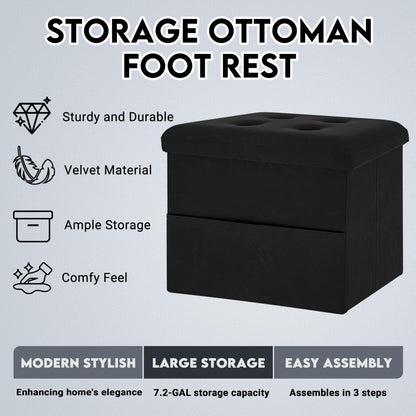 Zoes Homeware Small Storage Ottoman Foot Rest, Velvet Ottoman with Storage and Side Pocket, Black Foot Rest for Couch, Foldable Footstool for Chair, Living Room&Dorm, 16"x12"x12"