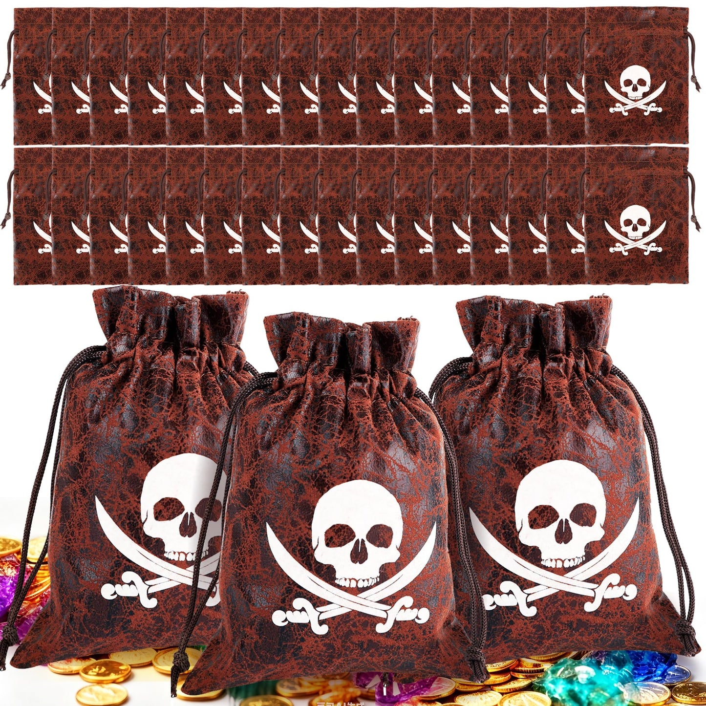 Plukeen 32 Pcs Pirate Goodie Bags Bulk 4.7 × 6.2 Inches Drawstring Faux Cow Skin Pirate Loot Storage Pouch Bags Coconut Brown Small Coin Wallet for Pirate Adventure Party Favors