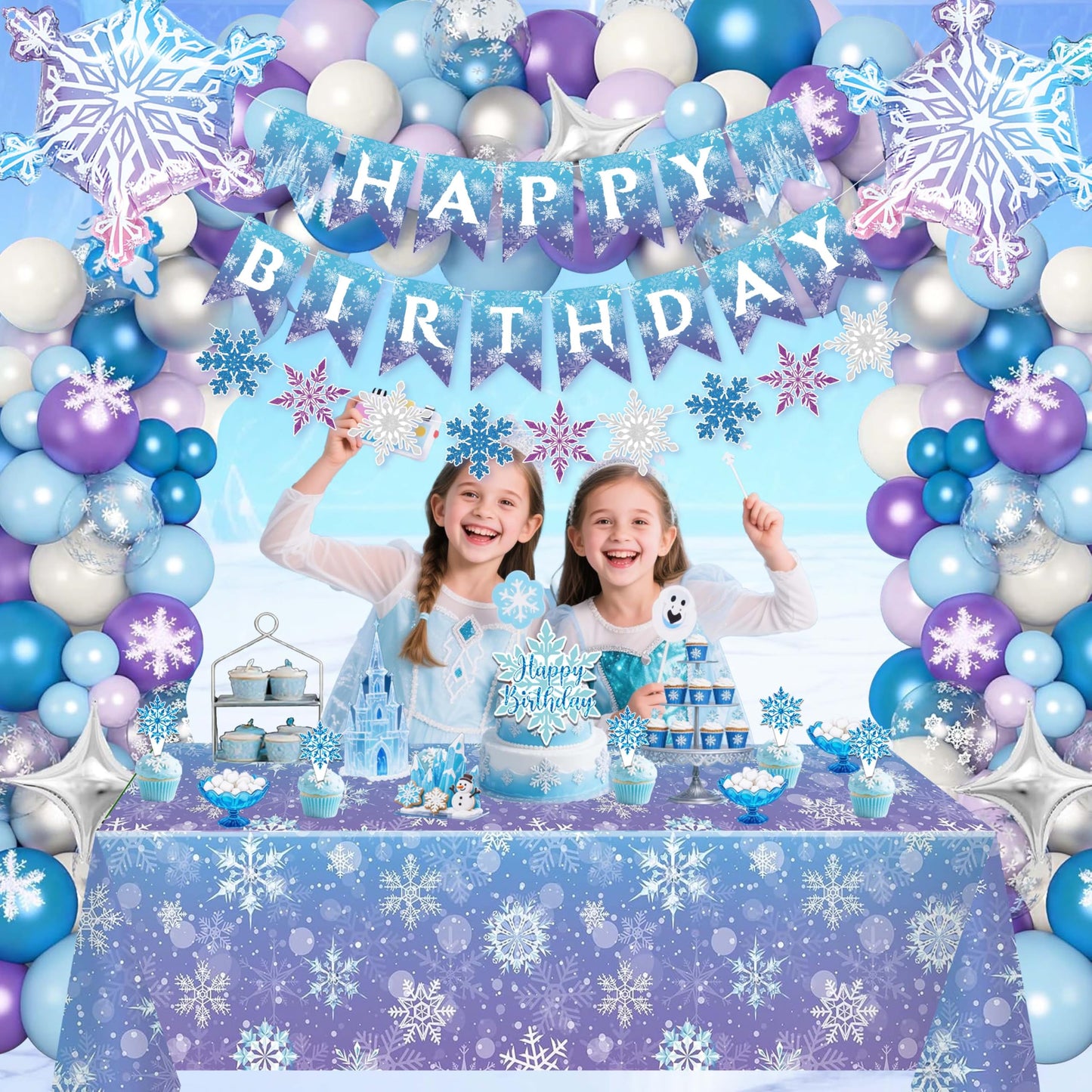 Frozen Birthday Decorations for Girls,Happy Birthday Banners,Blue Purple Balloon Arch Garland Kit,Party Decor Supplies,Foil Snowflake Balloons,Tablecloth