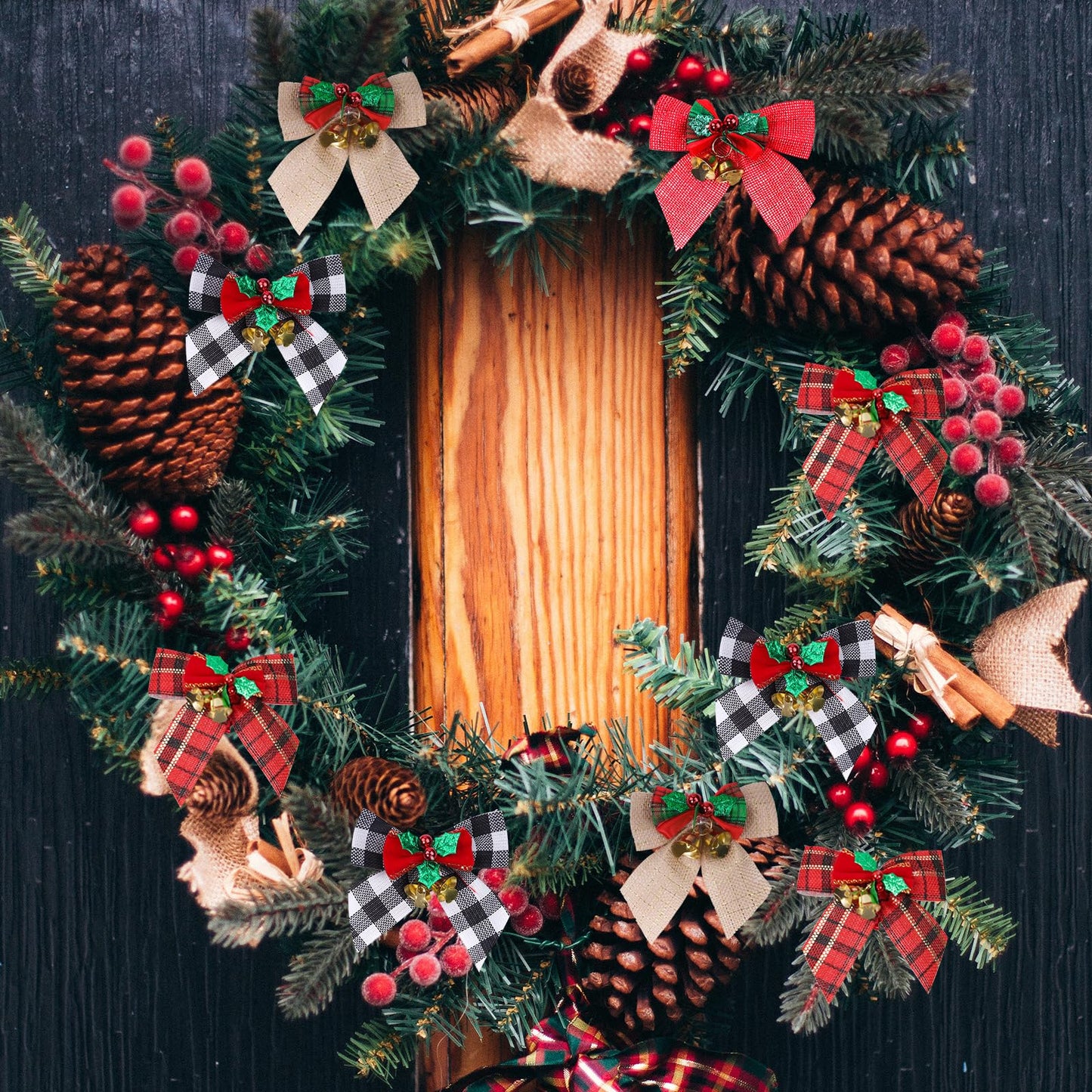 YBB 24 Pack Christmas Tree Bows, Buffalo Plaid Linen Bowknot Red Wreath Bow with Jingle Bells for Christmas Garland Tree, Crafts, Wrapping, Wreath Xmas Hanging Ornaments Decor