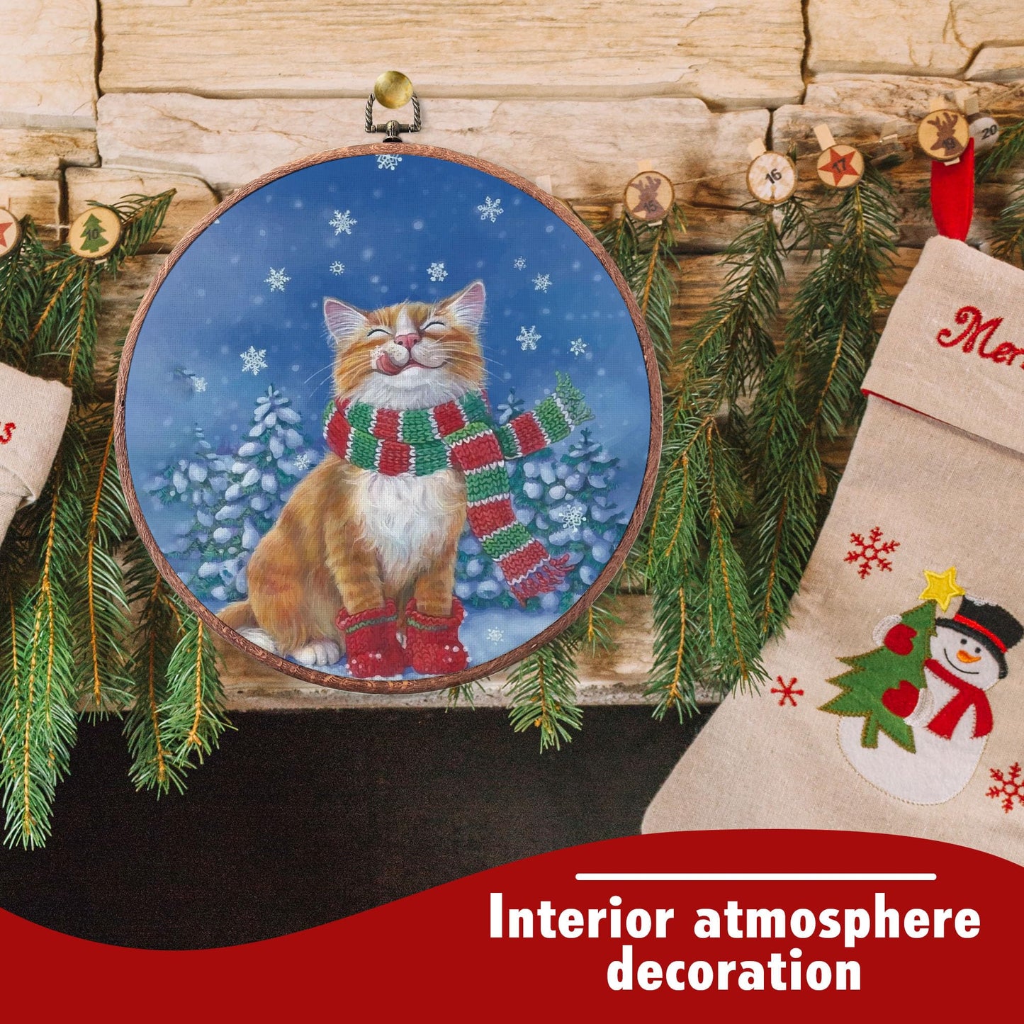heiyihe Winter Round Cat Canvas Hanging Prints, 10x10 Inches Round Christmas Canvas Frame Wall Art Decor, Christmas Embroidery Kit Decor for Home Living Room, Gift Ideas for Family Friends-A11