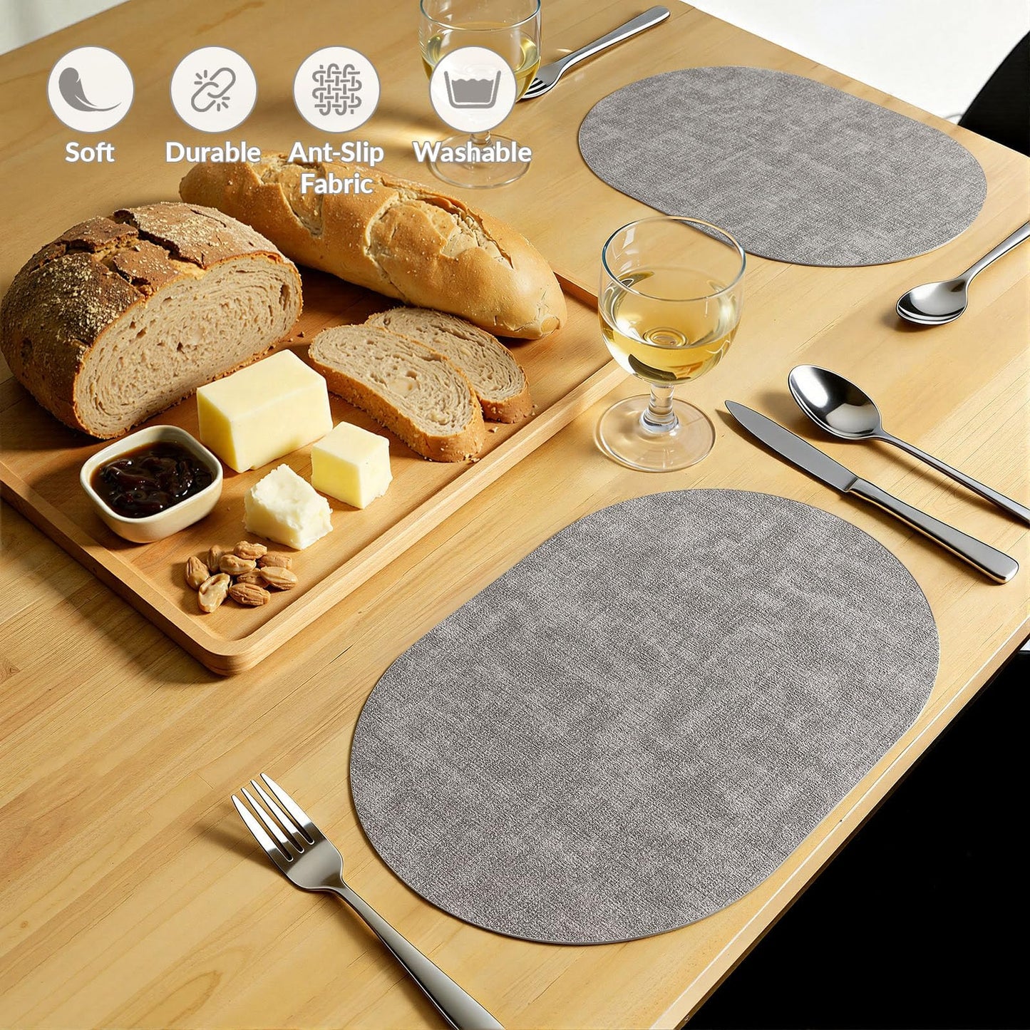 homing Placemats Set of 6, Heat Resistant Oval Faux Leather Place Mats 11.8 x 17 Inch, Waterproof Wipeable Reversible PU Placemat for Kitchen Dining Table, Indoor & Outdoor, Light Grey