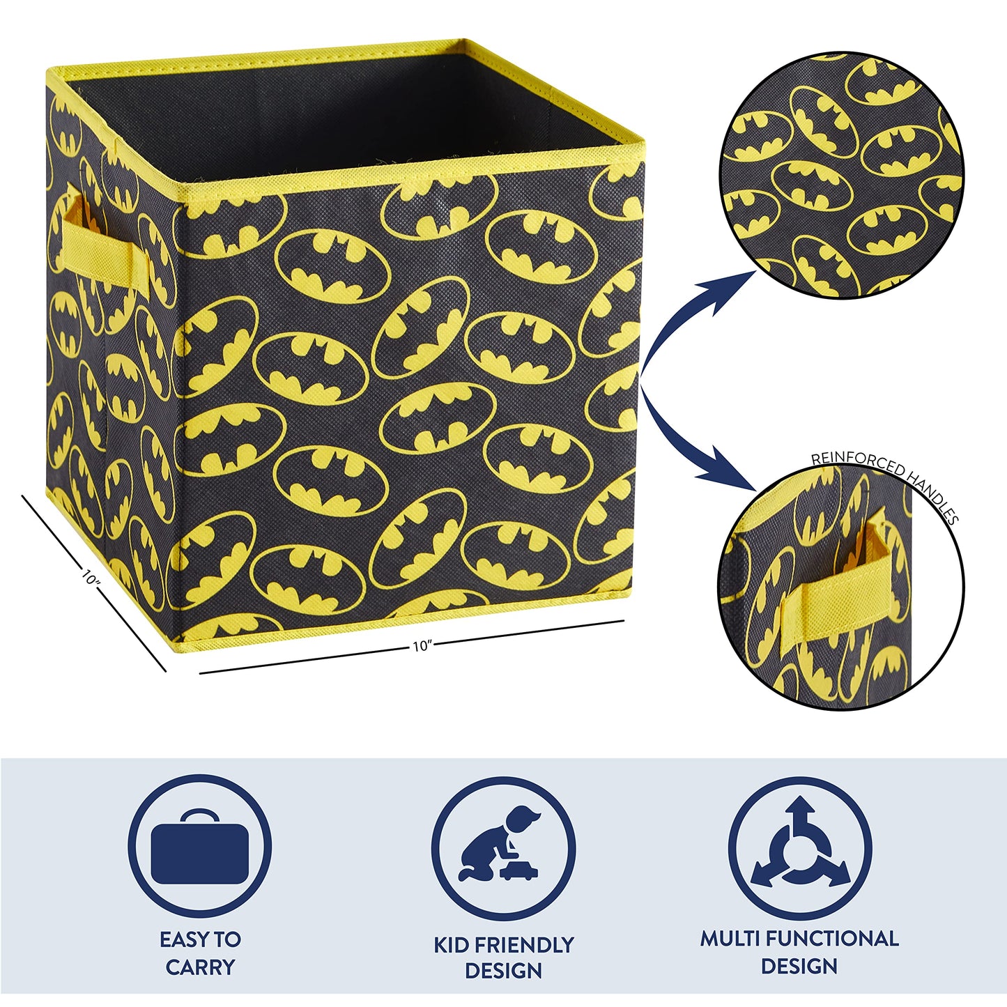 Batman Collapsible Storage Cubes – Set of 2 Foldable Fabric Bins for Kids – Organizer Boxes with Iconic Logo – Closet & Toy Storage – Black Superhero Cube Containers