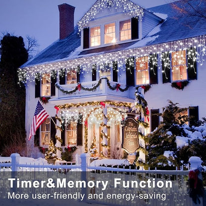 XURISEN 66ft Christmas Lights Decorations Outdoor, 640 LED 8 Modes Curtain Fairy Lights with 120 Drops,Plug in Waterproof Timer Memory Function for Christmas Holiday Wedding Party Decor(Cool White)