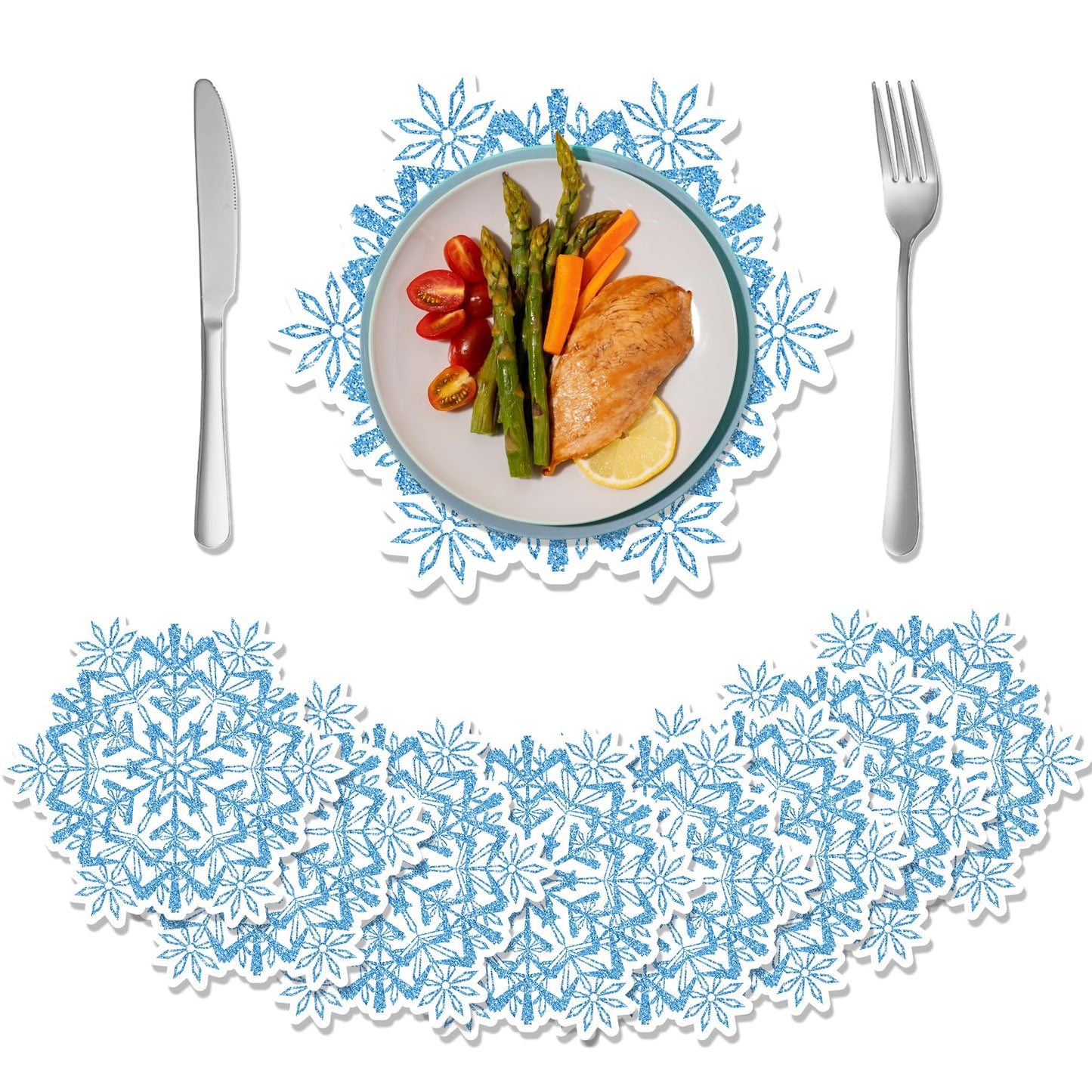 Snowflake Placemats Blue Paper Placemats Set, Disposable Winter Table Mat Snowflake Decorations for Christmas Winter Party Supplies Table Setting Kitchen Home Table Decor(24 Pack)