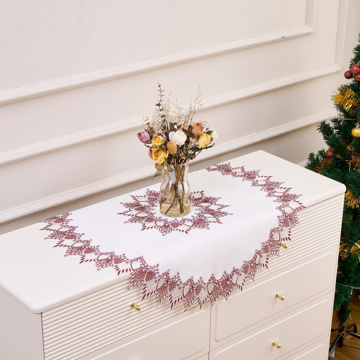 Raedan White Dark Red Linen Lace Doily 33 inches Round Coffee Table Topper Dresser Scarf Place Mats (Dark Red, 33” Round)