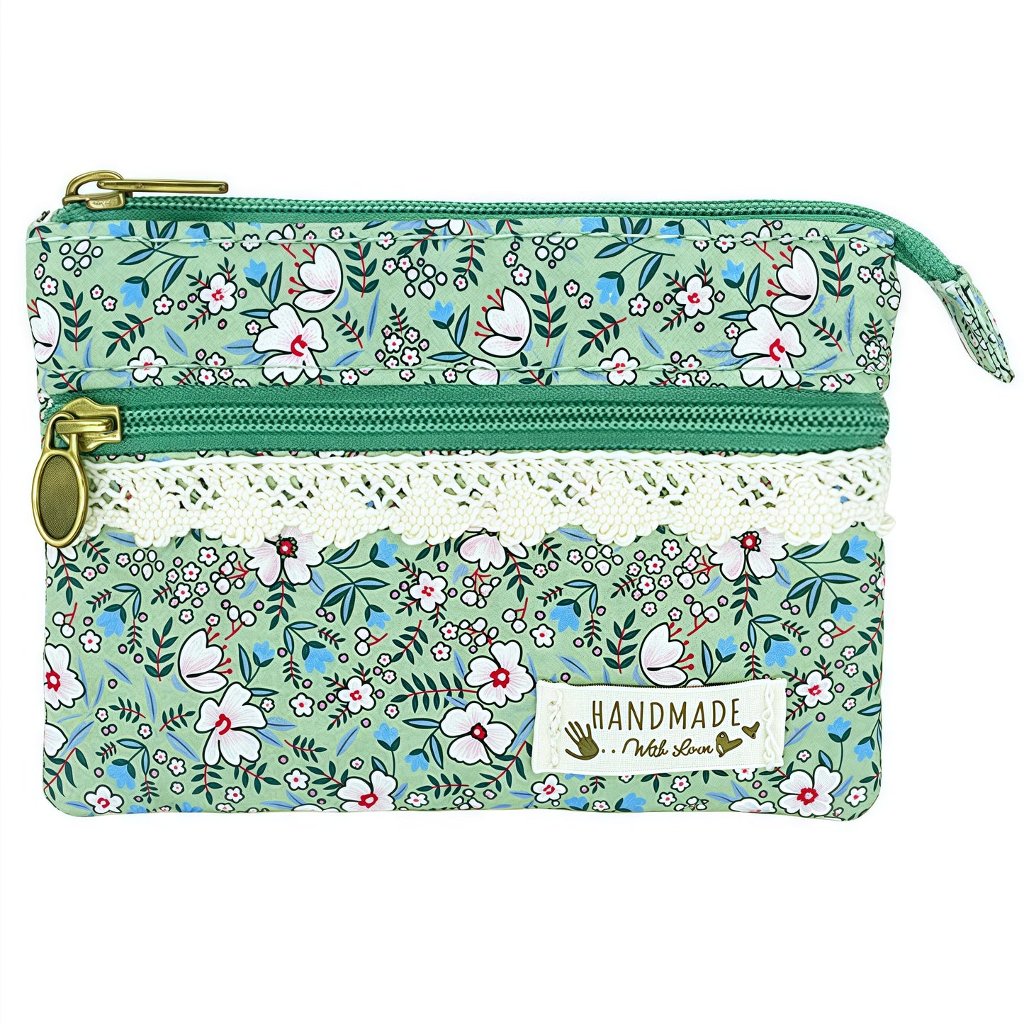GUXL Women Small Zipper Coin Purse, Handmade Fabric Flower Embroidered Change Pouch, Cotton Double Zipper Wallet