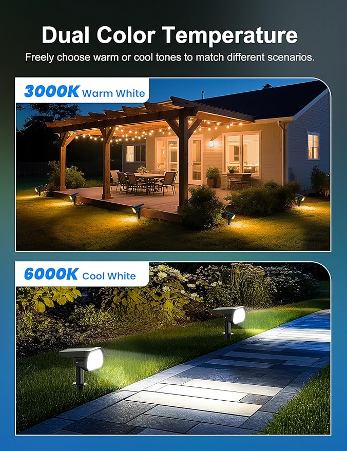 Brightown 6Pack Solar Spot Lights Outdoor [Cool & Warm Light 2-in-1], IP67 Solar Lights Outdoor Waterproof with 1800mAh, Two Mounting Methods Outdoor Solar Lights for Yard, Garden and Pathway