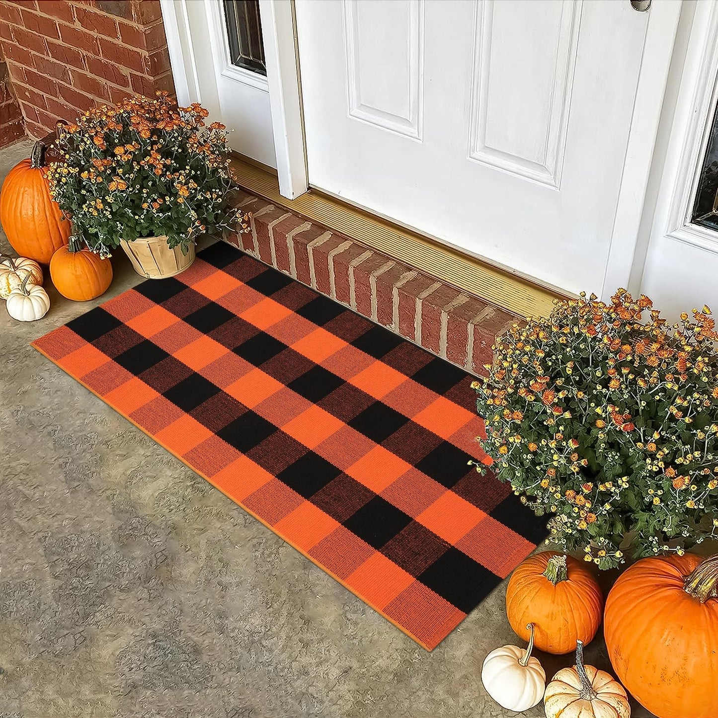 LEEVAN Halloween Outdoor Rug 2x4, Buffalo Plaid Fall Decor Washable Orange and Black Checkered Entryway Rugs, Small Front Porch Door Mat, Cotton Woven Layered Carpet for Farmhouse/Kitchen/Bathroom