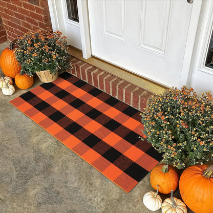 LEEVAN Halloween Outdoor Rug 2x4, Buffalo Plaid Fall Decor Washable Orange and Black Checkered Entryway Rugs, Small Front Porch Door Mat, Cotton Woven Layered Carpet for Farmhouse/Kitchen/Bathroom