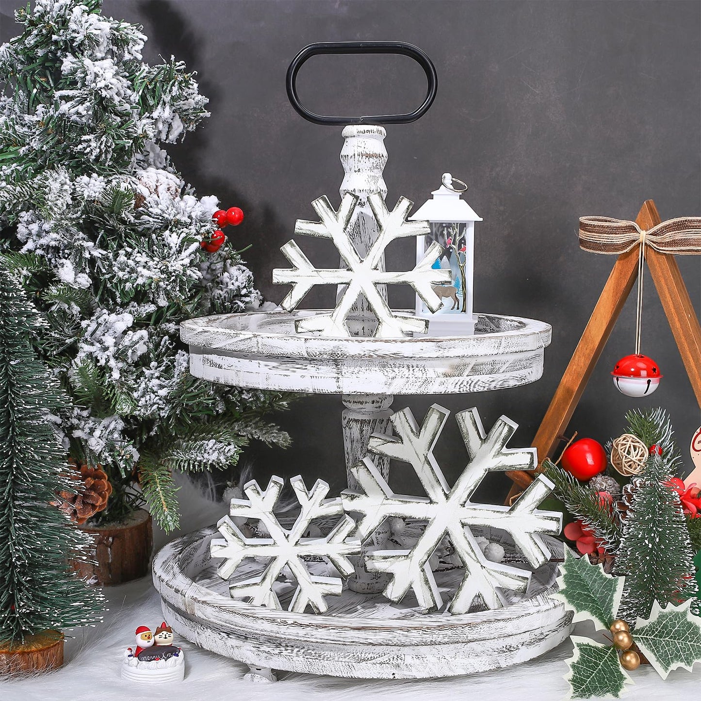 Whaline Winter Snowflake Wooden Table Decor Christmas Retro Snowflake Block Signs Tabletop Centerpiece 3 Sizes Farmhouse Snow Flake Tiered Tray Decor for Holiday Home Party Decor, 3Pcs