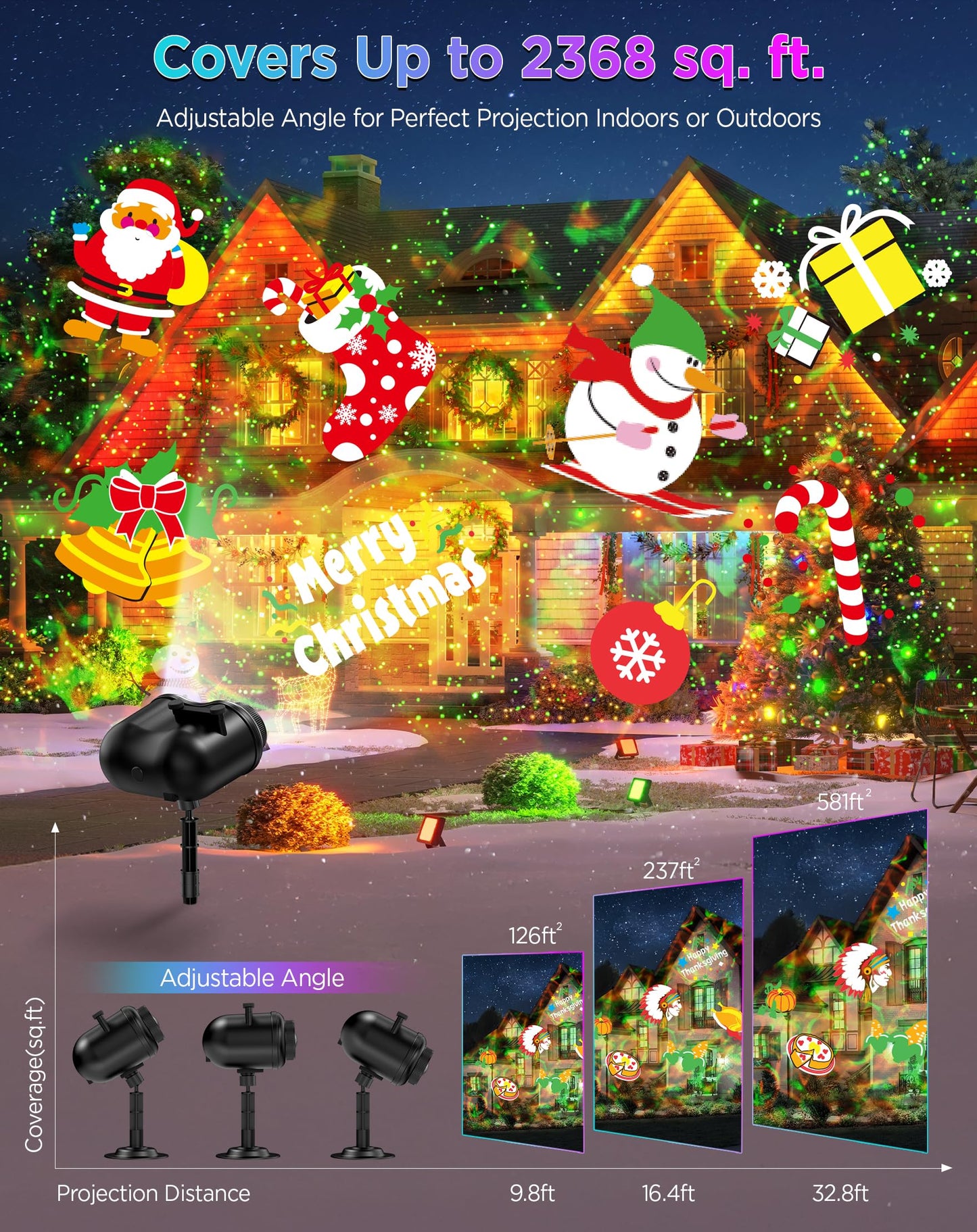 Christmas Projector Lights Outdoor Waterproof, 10 Slides x 8 Bright HD Patterns, Firefly & Ocean Wave Effects, Timer Snowflake Light Projector for House Yard Xmas New Year Valentine’s Thanksgiving