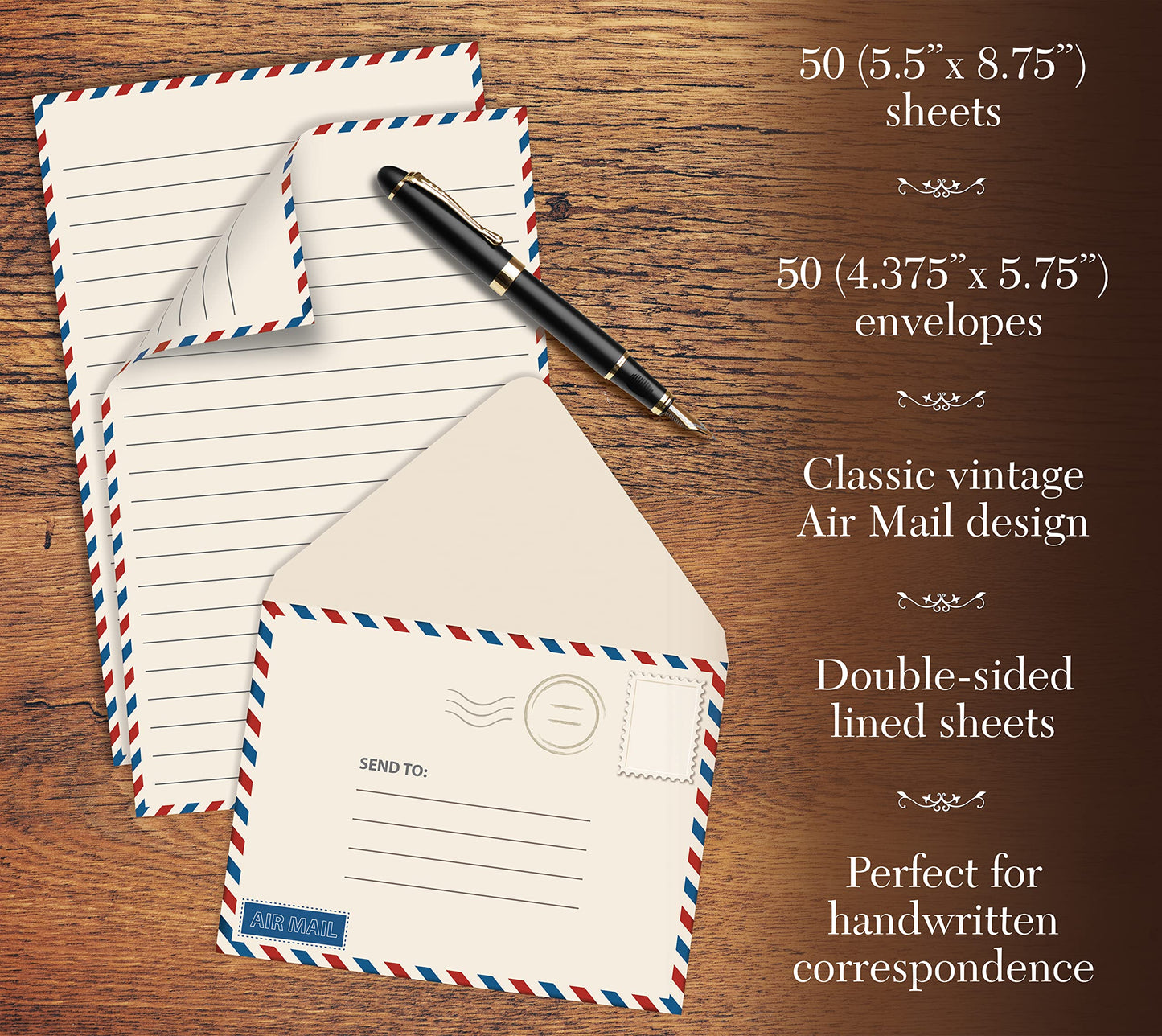 Better Office Products Vintage Airmail Mini Stationery Set, 100 Piece Set (50 Lined Sheets + 50 Matching Envelopes), 5.5 x 8.25 inch, Design, Double Sided Printing, Double Side Lined Paper,