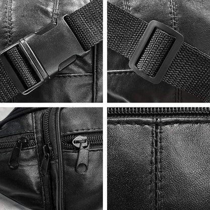 Leather Fanny Pack Travel Waist Bag for Man Women Unisex Hiking Travel Sport Running Cycling with Adjustable Belt Black