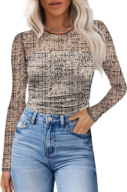 XIEERDUO Women's Sexy Sheer Long Sleeve Tops Crew Neck Mesh Ruched Going Out Shirts Blouse Date Night Outfits