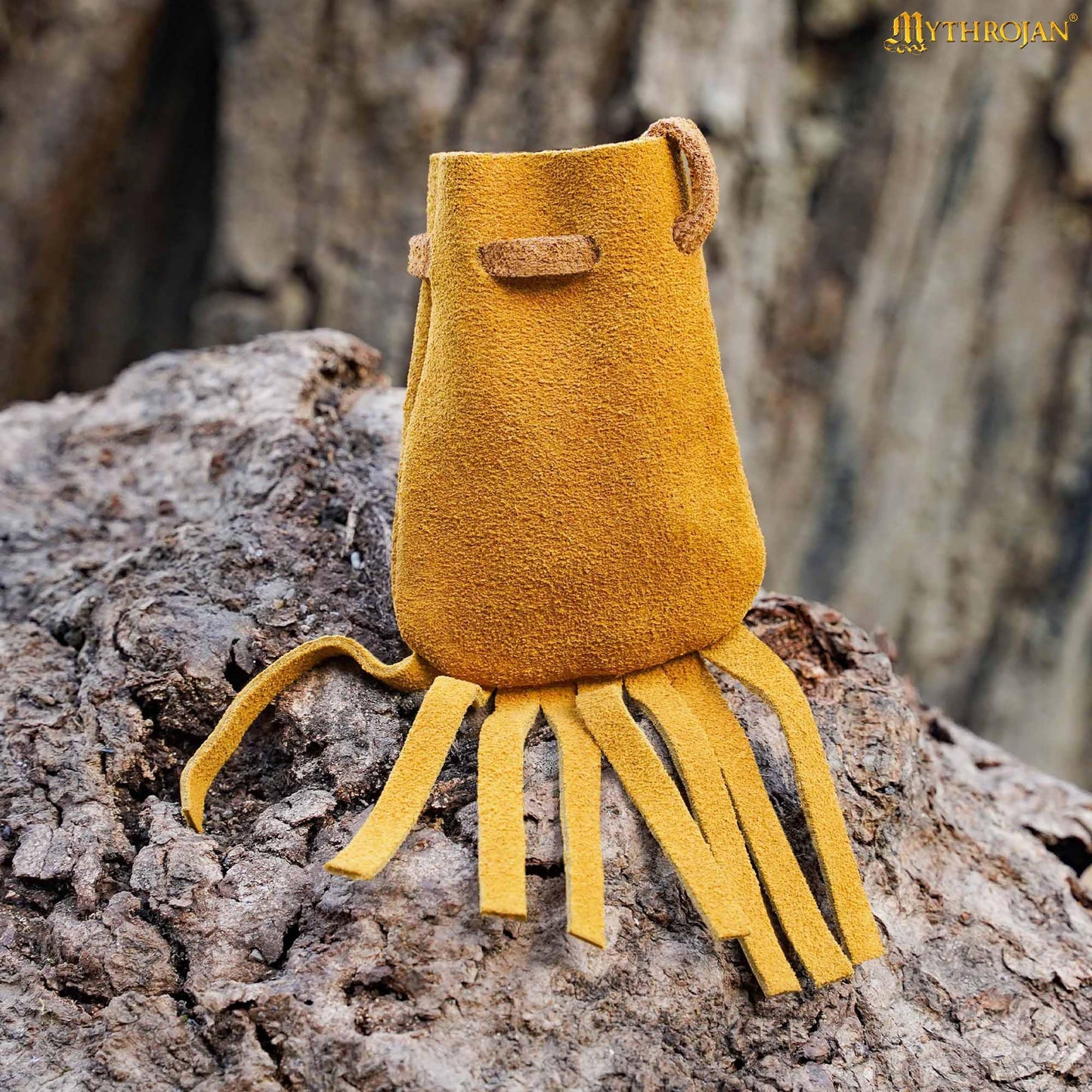 Mythrojan Small Trinket Pouches Suede Leather Drawstring Coin & Dice Bags for LARP, SCA, Viking & Medieval Events Yellow- pack of 4