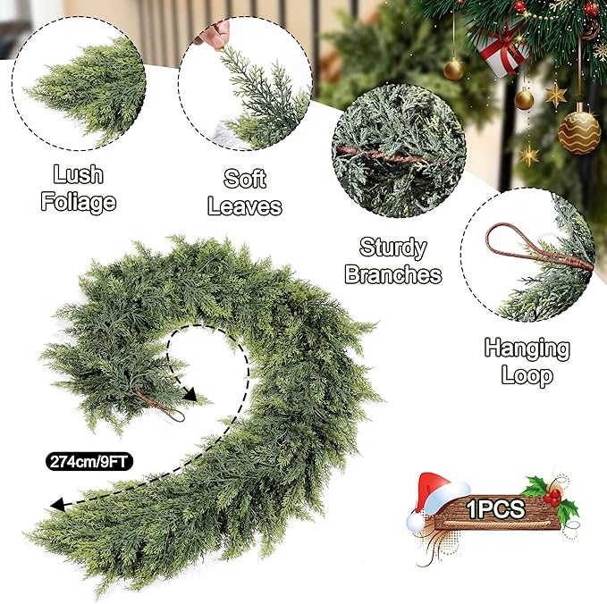 9ft Real Touch Cedar Garland Artificial Realistic Christmas Greenery Pine Garland with 225 Cedar Branches for Mantle, Fireplace, Table, Stairs, Doorframe, Window, Outdoor Indoor Xmas Decor