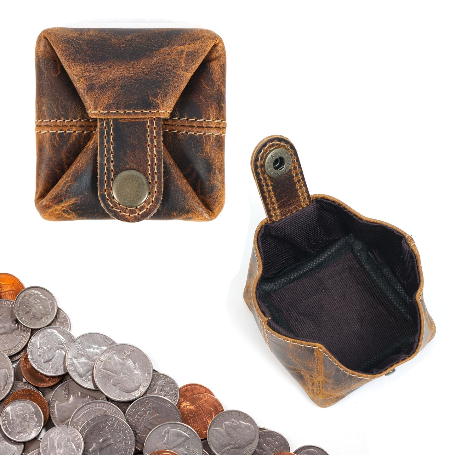 Leather Coin Pouch - Compact Change Holder and Mini Pocket Wallet for Men & Women (Antique Brown)