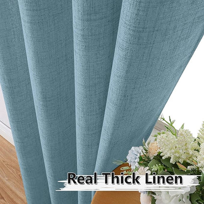 Tollpiz Linen Curtain Bedroom Rod Pocket Semi Sheer Curtains Burlap Light Filtering Thick Linen Drape for Living Room, 54 x 63 inches Long, Dusty Blue, Set of 2 Panels