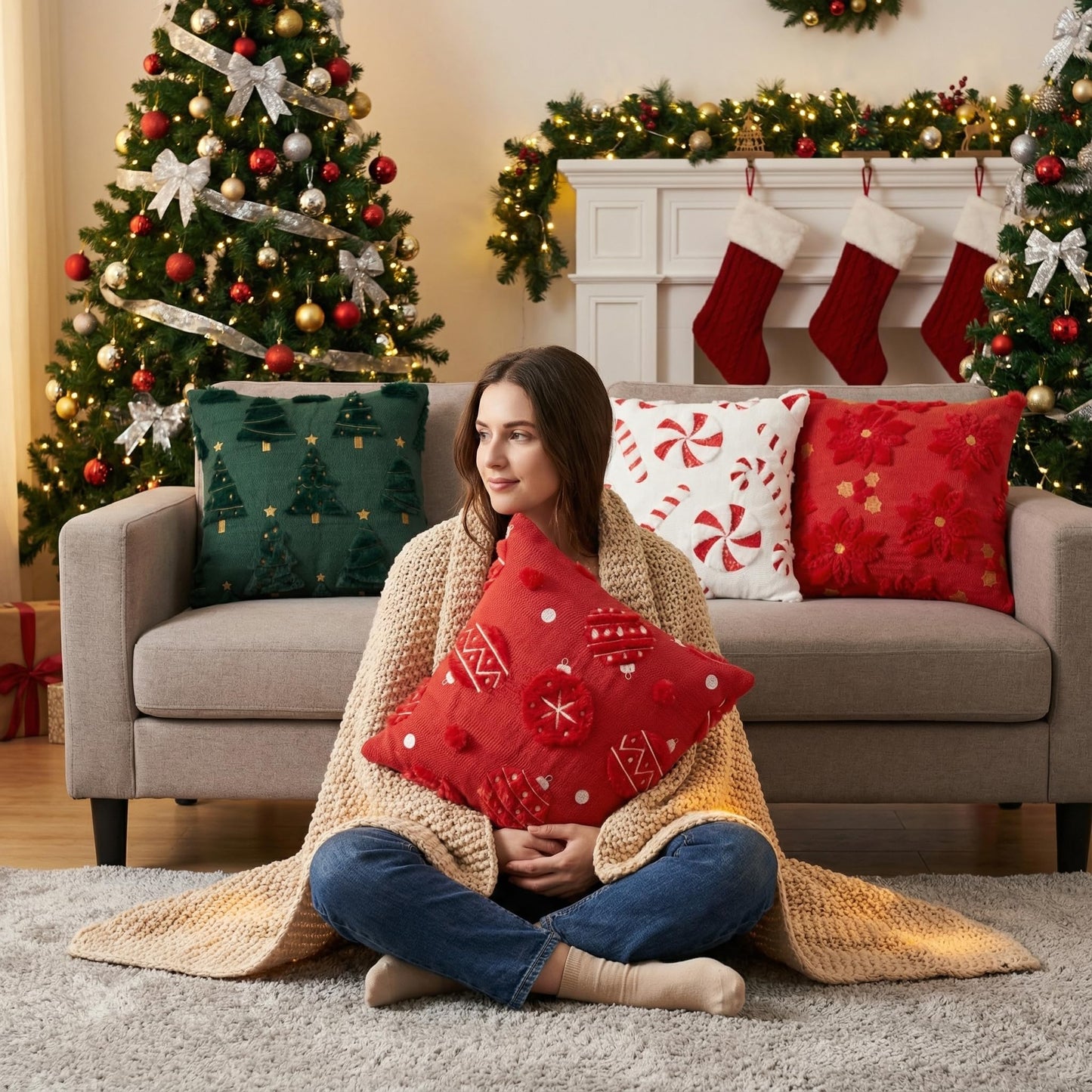 Tiamon 4 Pcs Christmas Throw Pillow Covers 18 x 18 Inch 3D Embroidered Plush Green Red Pillow Cases Christmas Tree Poinsettia Fluffy Faux Fur Cushion Covers for Sofa Couch Winter Holiday Party Decor