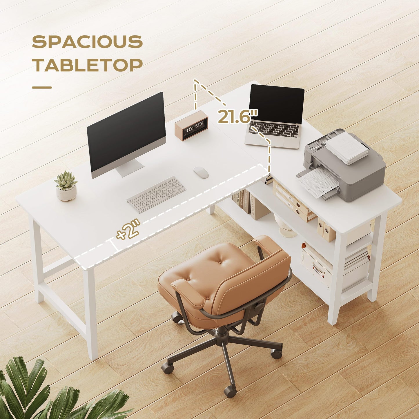 IOTXY Reversible L-Shaped Office Desk - 53" Modern Corner Computer Table with Storage Shelves, Solid Wood Legs, Home Writing & Study Workstation, White