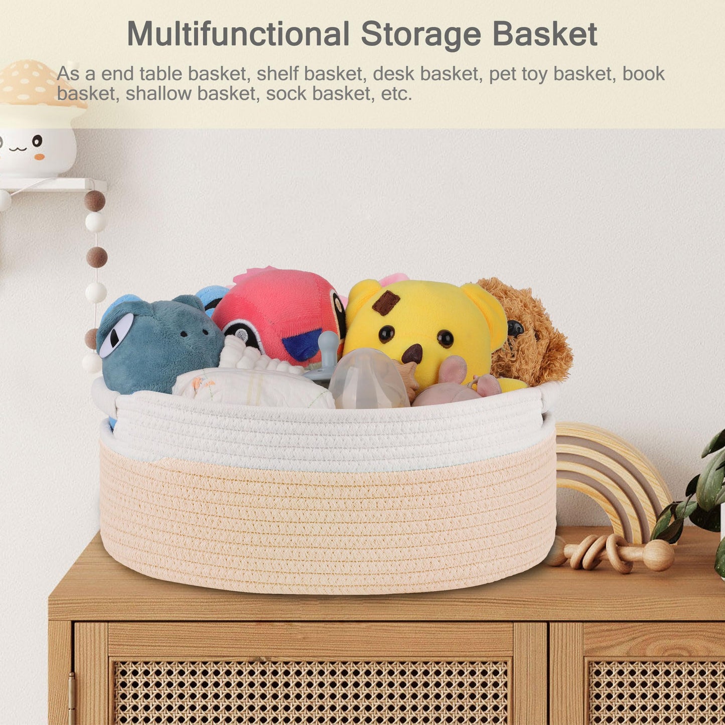 BOSROTY Small Woven Basket with Gift Bags and Ribbons, Empty Baby Gift Baskets for Kids Women Men, Shelf Storage, Small Cat Dog Pet Toy Boxes, 13”x 9”x 5.5”, Beige