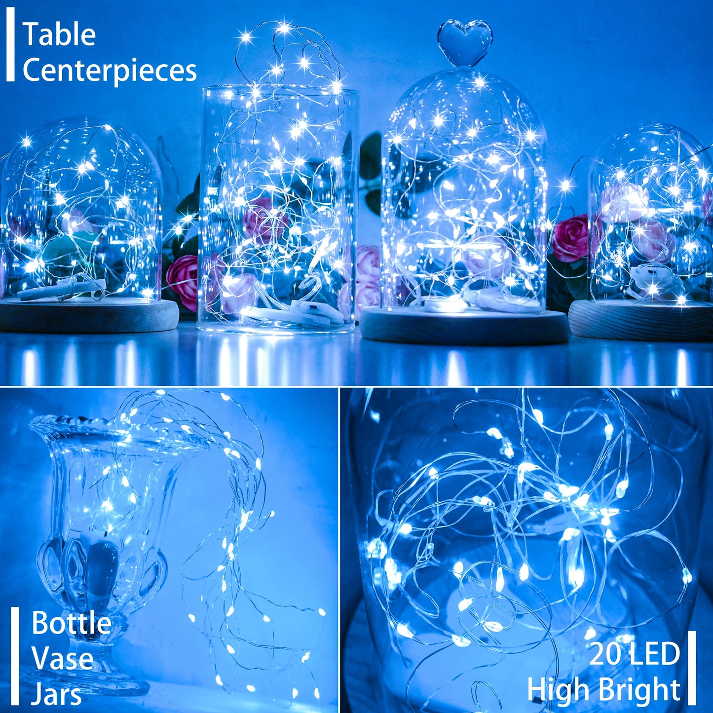 SunKite 16 Packs 20 LED Fairy String Lights Battery Operated Waterproof 6.6 Feet Silver Copper Wire Firefly Starry Moon Lights for DIY Costume Wedding Party Bedroom Table Decor (Cool White)