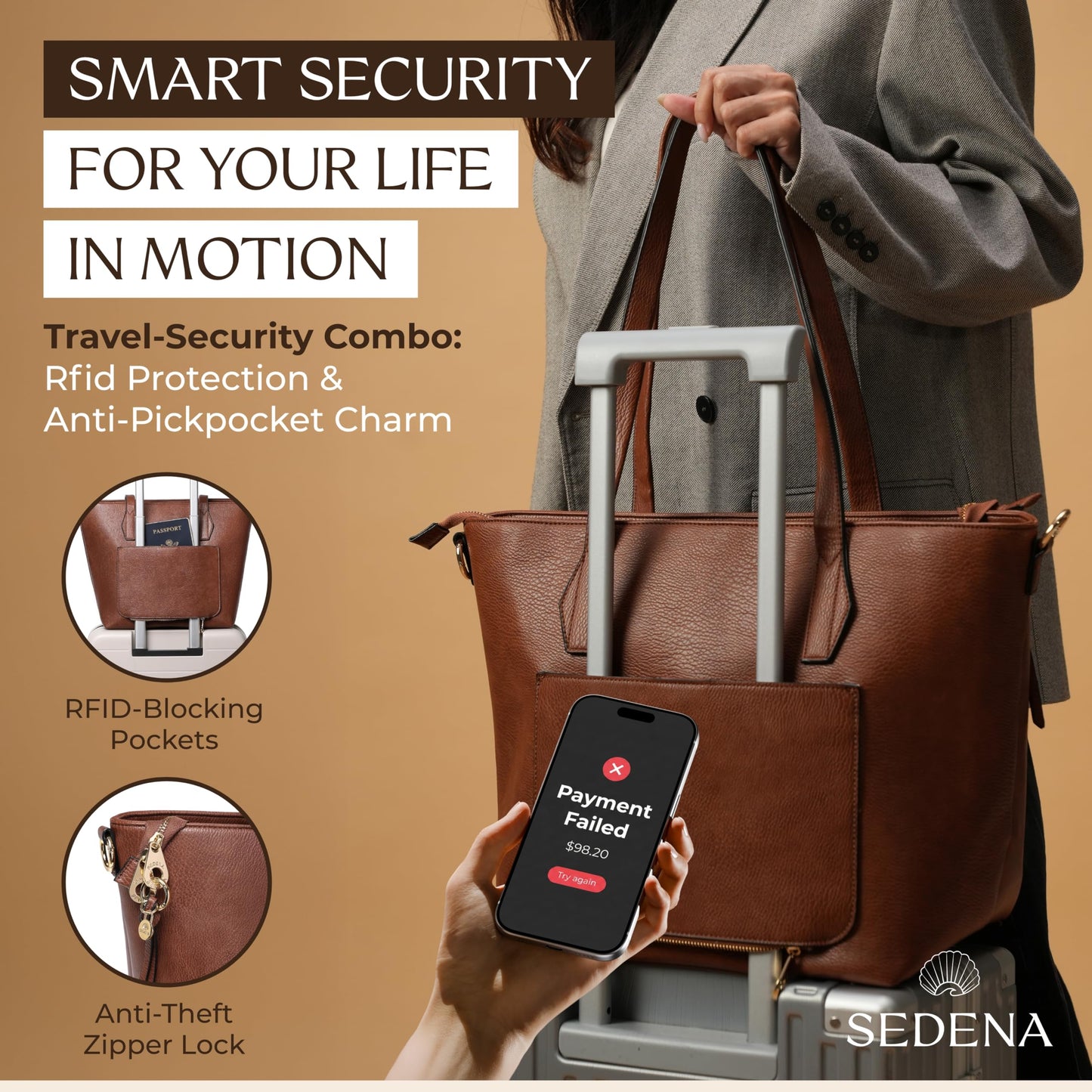 Women’s 16” Laptop Tote Bag, Dark Brown Vegan Leather Work Bag with Cupholder, RFID & Anti-Pickpocket Trolley Sleeve (Dark Brown)
