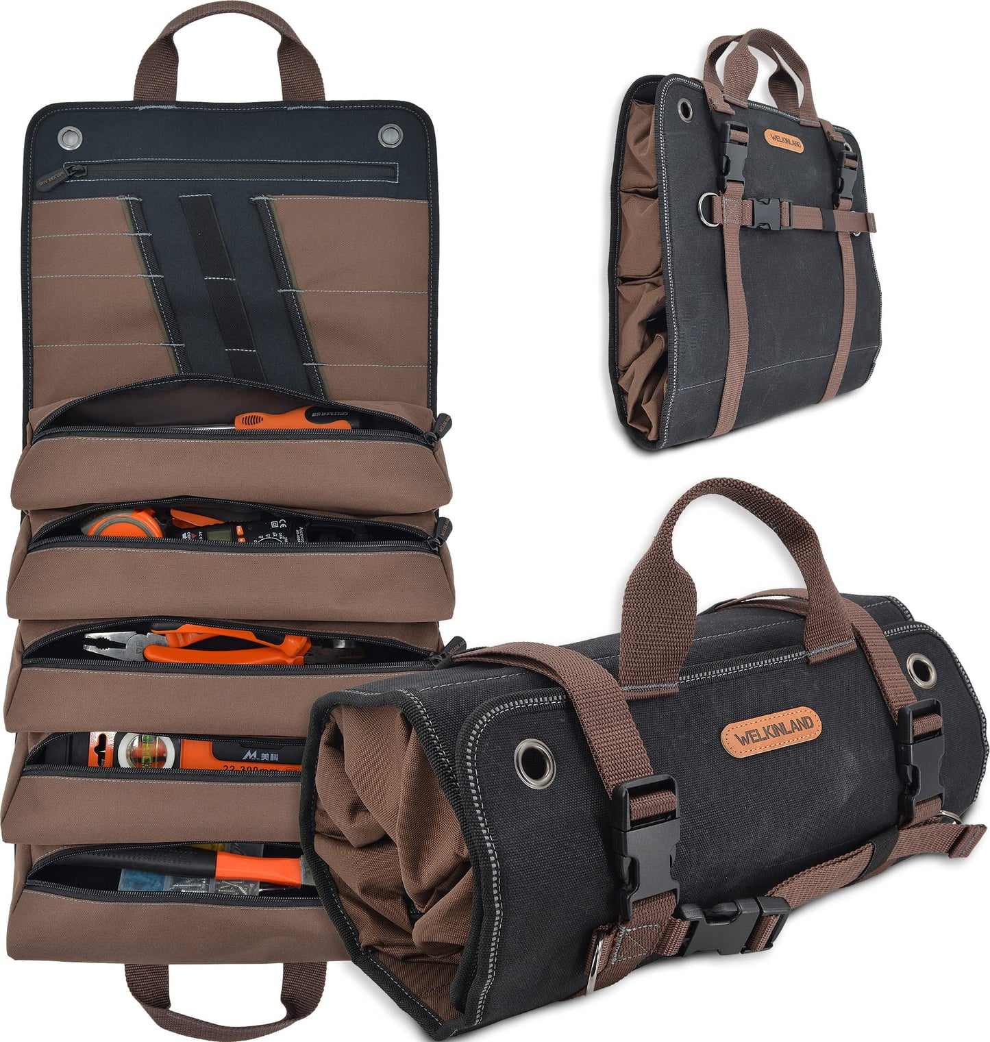 WELKINLAND Heavy-Duty Waxed Canvas Tool roll, 15-Pockets Tool Wrap Roll, 15L Tool Up Roll Bags, Tool Bag Roll, Tool roll organizer, Roll up tool bag organizer