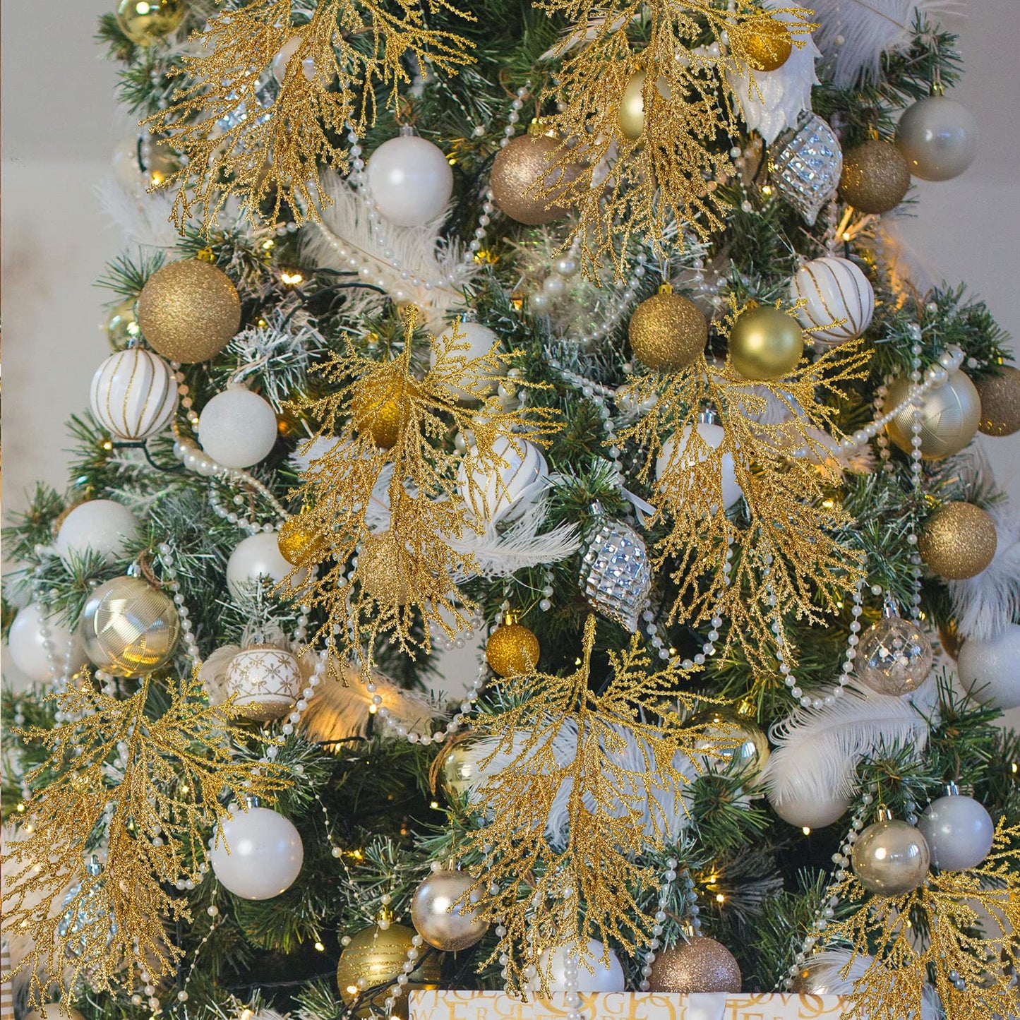 15 Pcs Gold Glitter Artificial Cedar Sprigs Picks Faux Cedar Branches Stems Christmas Tree Picks Sprays 15.4" H for Gold Christmas Tree Wreath Wedding Bouquet Winter Seasonal Holiday Decoration